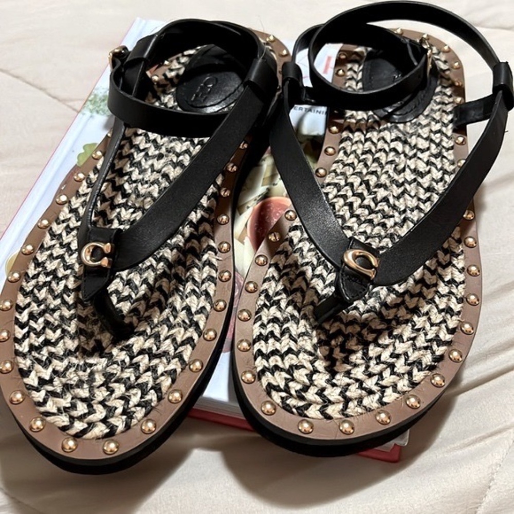 COACH GRACEY GOLD STUDDED BLACK STRAPPY SANDALS
